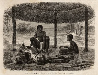 Herreros manganjas (grupo étnico de la región del Zambeze). Grabado para ilustrar los primeros viajes del Dr. Livingstone al sur de África de 1840 a 1856, en “Le tour du monde, nouveau journal des voyages” publicado bajo la dirección de Edouard Charton
