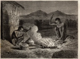 Herreros en Simiango, en las orillas del río Zambeze. Grabado para ilustrar los primeros viajes del Dr. Livingstone al sur de África de 1840 a 1856, en 