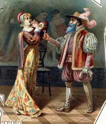 Barba Azul. Cuento de Charles Perrault. 1697. Cromolitografía de finales del siglo XIX. Pegatina «A bajo precio». «Barba Azul interroga a su esposa, que intentó entrar en el gabinete donde fueron asesinadas las esposas de Barba Azul.»