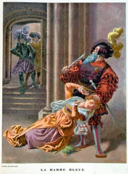 Barba Azul (sorprendido tomando a una mujer por el cabello). Ilustración del siglo XIX.