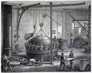 Calderas para vulcanizar caucho con vapor húmedo - en "Las maravillas de la industria" de Louis Figuier