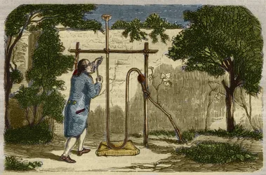 Botánica: experiencia de Stephen Hales (1677-1761) sobre la fuerza ascendente de la savia en 1727. Grabado de 1859 en 