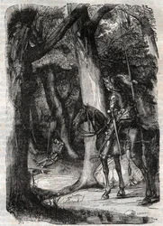 Bradamante descubre a Pinabel - grabado de 1851 de “Roland furieux” (Orlando furioso) (siglo XVI) por Ludovico Ariosto, conocido como el Ariosta - Edición traducida del italiano por el Conde de Tressan y publicada por Gustave Harvard 1851