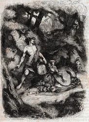 Bradamante derribada por un gigante - grabado de 1851 de “Furious Roland” (Orlando furioso) (siglo XVI) por Ludovico Ariosto, conocido como el Ariosta - Edición traducida del italiano por el Conde de Tressan y publicada por Gustave Harvard 1851