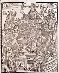 Ramas del conocimiento representadas por Aristóteles (arriba a la izquierda) representa la Filosofía Natural, con Séneca representando la Filosofía Moral a la derecha, el Emperador Justiniano (arriba en el centro). La mujer en el centro tiene una espada y 