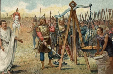 Breno pone su espada en la balanza, 390 a. C.: saqueo de Roma por los galos dirigidos por su jefe Breno (Brennos). Ante la resistencia de los romanos, Breno accedió a negociar con el tribuno militar romano Quinto Sulpicio: abandonó Roma a cambio del pago