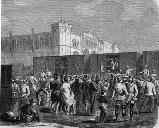 Breslau (o Wroclaw), Coraceros de la Guardia Prusiana en la campaña contra Austria en 1866. Grabado