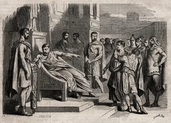 Bruto condenando a su hijo a muerte - Bruto (Marcus Junius Brutus, 85-42 a.C.) condenando a sus hijos a muerte - grabado en “Dictionnaire populaire illustrious” - 1864 - por Joseph Decembre y Edmond Allonier