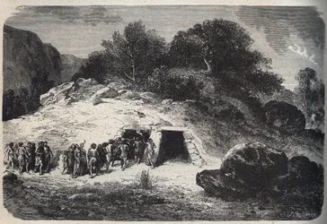Entierro en cuevas durante la Edad de Piedra - grabado