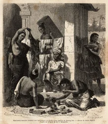 Comerciantes birmanos vendiendo telas y perfumes a mujeres laosianas en la puerta de una pagoda en Muong Mai. Grabado para ilustrar el viaje de exploración en Indochina, por Francis Garnier, teniente de Vaissseau, en 1866-1868, publicado en "Le tour du mon