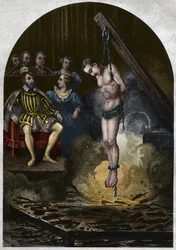 Cámara ardiente (tribunal) bajo el rey Enrique II (1519-1559) en presencia de Catalina de Médicis. Grabado de 1842 en “Histoire des popes” de Maurice Lachatre. Colección privada.