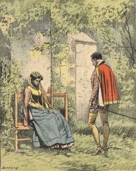 Bussy y Diane, conocida como Madame de Monsoreau, en el jardín cerca de la iglesia. Ilustración de la novela "La Dame de Monsoreau" de Alexandre Dumas en el "Journal des romans populaires illustrés"