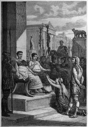 Cautiverio de Carataco con su familia ante el emperador romano Claudio - Grabado en "L