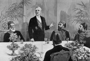 El Cairo: Stanley (Sir Henry Morton) (1841 - 1904) da un discurso en su banquete. Grabado del siglo XIX.