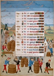 Calendario: Agosto - Fabricación de barriles de vino. Miniatura del Maestro Jean de Rolin (siglo XV) de 