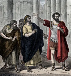 Camilo en el exilio - Antigüedad romana: el general y estadista Camilo (Marco Furio Camilo, 446-365 a.C.) es exiliado por el asunto del botín de Veyes, dejándolo íntegramente a sus tropas, impidiéndole así pagar la parte debida a Apolo, 391 a.C.