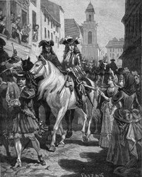 Guerra de los camisardos (1702-1704): un católico intenta tocar al líder de los camisardos, Jean Cavalier (1681-1740). Nîmes, Gard (30). Grabado del siglo XIX. En «Historia de Francia» de Jules Michelet