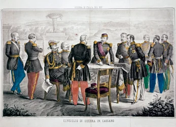 Campaña de Italia 1859: Consejo de Guerra de Cassano que ve la reunión de Vittorio Emanuele II y el Emperador Napoleón III. Colección Privada