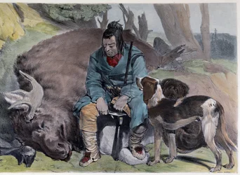 Caza de alces hurones canadienses - en “Bocetos de Shyth en las Canadas” de Coke Smyth, Londres