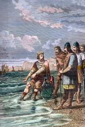 Canuto el Grande convence a sus cortesanos de que no tiene poder para detener la marea - rey Canuto II el Grande (Knud I el Grande) (hacia 995-1035), rey de Inglaterra desde 1016, de Dinamarca desde 1018 y de Noruega desde 1030