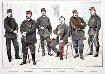 Capitanes de las compañías de mantenimiento de la paz movilizadas, de izquierda a derecha: Sr. Toquenne, Sr. Rousseau, Sr. Mennier, Sr. Rochut, Sr. Thomas, Sr. Blavier. Aguafuerte en colores, para ilustración “Historia del cuerpo de los guardianes de la pa