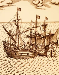Captura del galeón español Cagafuego por el Golden Hind liderado por Francis Drake en marzo de 1579 (grabado)