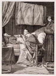 El cardenal Richelieu en el lecho de muerte del padre Joseph - grabado