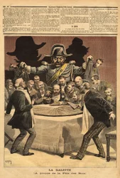 Ilustración caricaturesca “la galette”, sobre la fiesta de los reyes, donde el banquero corta el pastel, todos se precipitan para tener una parte y encuentran en lugar de un haba al gendarme. Grabado en “Le petit journal” 7/01/1893. Colección Selva.