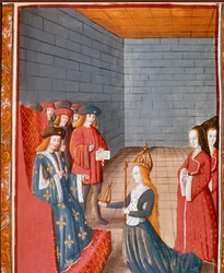Dinastía carolingia: «El rey carolingio Carlos II, llamado el Calvo (823-877), asume el mando del Imperio de Occidente tras la muerte de su padre Luis el Piadoso en 840». Miniatura tomada de «Les Grandes Chroniques de France», siglo XV, Turín, Biblioteca