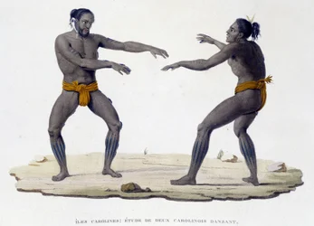 Hombres carolinos bailando (Islas Carolinas, Oceanía)