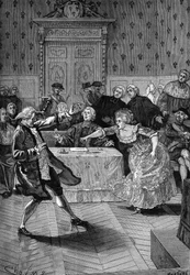 Caso del collar, el juicio (1785 -1786). Ante el Parlamento de París, Jeanne de Valois-Saint-Remy (Valois Saint Remy), Condesa de La Motte (Lamotte) o Condesa de La Motte Valois (Lamotte-Valois, La Motte-Valois) (1756-1791) lanza un candelabro