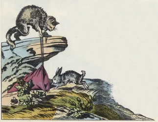 El gato atrapa un conejo. Ilustración del cuento "El gato con botas" de Charles Perrault