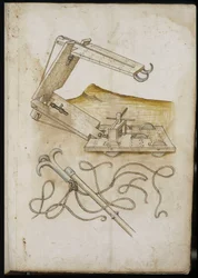 Sistema de catapulta y gancho - Manuscrito: hoja de pergamino de un manual de ingeniero para la construcción de edificios civiles, religiosos y militares, anónimo, finales del siglo XV (figura en tinta china)