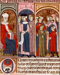 Celebración de un matrimonio en miniatura del Código de Justiniano (Codex Justinianus), una colección de leyes e instituciones redactadas bajo el emperador romano Justiniano I de Bizancio (483-565)