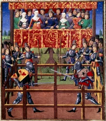 Ceremonias y ordenanzas como prenda de batalla: duelo en campo cerrado entre dos caballeros. Miniatura de un manuscrito de Jean de Rolin (siglo XV) 1460 París, B.N.