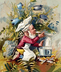 Personaje del enano o farfadet cocinero. Cromolitografía del siglo XIX