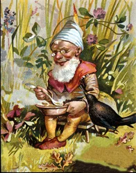 Personaje del enano o farfadet comiendo sopa