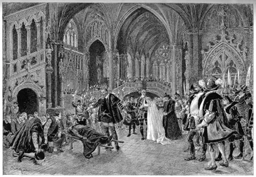 Personajes de Karloo, Jonás, Rysoor, Blackcarmes, Duque de Alba, Rafaela y la secuela del Duque de Alba en el Acto IV “La Muerte del Campanero”. Escena de la Ópera “Patria!” de Sardou y Louis Gallet (1835-1898). Música de Émile Paladilhe (1844-1926)