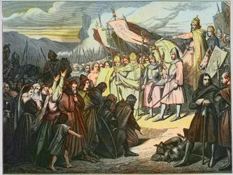 Carlomagno acepta la rendición de Wittekind en Paderborn (785) - Victoria de Carlomagno (742-814) sobre el brazo sajón de Widukind de Sajonia (Wittekind) en 785 (Widukind o Witikind - Widukind de las guerras sajonas: líder germánico de los sajones Widukind