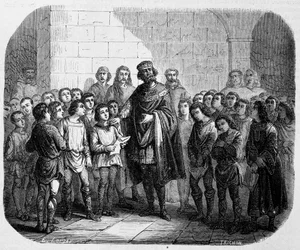 Carlomagno visitando una escuela - en Historia de Papas, Reyes, Reinas, Emperadores, a través de los siglos por Maurice Lachatre