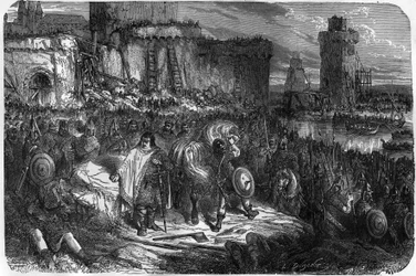 Carlos III el Gordo (839-888) Emperador de Occidente (881 - 887) y Regente de Francia (884 - 887) acampado bajo las murallas de París sin atreverse a luchar contra los normandos, prefiriendo comprar su retirada a precio de dinero
