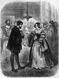 Carlos V (1500-1558) con Anne de Pisseleu (1508-1580) Duquesa de Etampes, amante de Francisco I apodada La Belle Feronniere. Grabado del siglo XIX