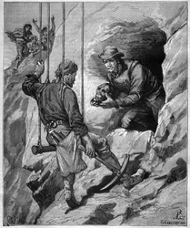 Charles Wiener (1851-1913) explorador y diplomático francés explorando una cueva funeraria de Perú - grabado en “journal des voyages” 1887