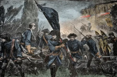 Carlos XII de Suecia en batalla - Gran Guerra del Norte (1700-1721): el rey Carlos XII (Carl) de Suecia (1682-1728) en la batalla de Poltava (Pultawa, Ucrania), en 1709 contra las armas de Pedro I de Rusia, llamado el Grande (1672-1725)