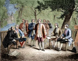 Charles de Secondat Montesquieu con el cenáculo científico en el Castillo Clairac, Francia - El cenáculo científico del castillo de Clairac: Montesquieu y el barón de Secondat, su hijo, el caballero de Vivens, Romas y los hermanos Dutilh - en "Álbum de la 