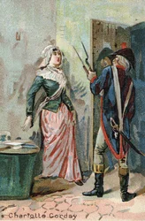 Charlotte Corday (1768 - 1793) después del asesinato de Marat. Cromolitografía de Liebig del siglo XIX