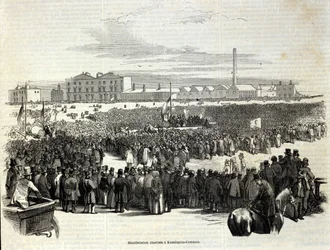 Demostración cartista en Kennington Common: es un movimiento político laboral precursor del socialismo, Grabado de 1848