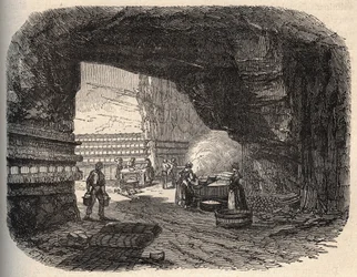 Quesos - bodegas de roquefort - grabado en "PATRIE - DESCRIPCIÓN PICTÓRICA DE FRANCIA EN 6 VOLÚMENES" por Lucien Huard - finales del siglo XIX