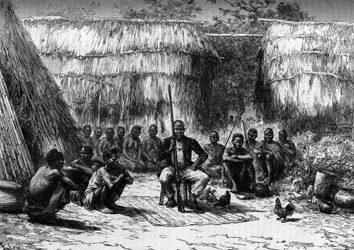 El jefe makoloko rodea su corte en África. Grabado en "The Journal of Youth"