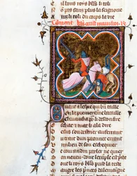 ""caballero con armadura"" Página iluminada del manuscrito ""Le Roman de la Rose"" de Guillaume de Lorris (circa 1200-1238) y Jean de Meun (Meung) (1240-1305) circa 1353 Suiza Bibliotheque de Geneve